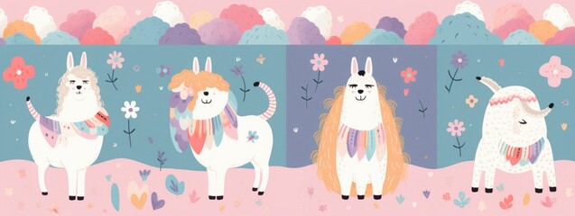 Baby designs with cute llama and unicorn. Baby animals pattern.  illustration with cute animal lama, alpaca and unicorn. Nursery baby, Generative AI