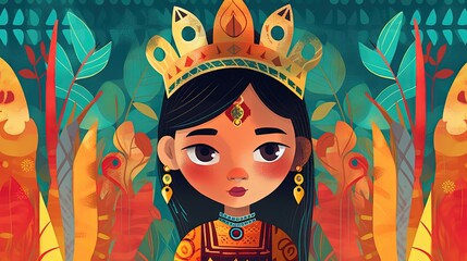 children book style character, pretty tribal princess in flower garden, Generative Ai