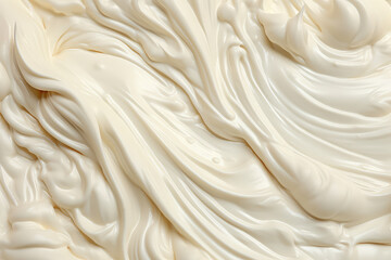 Top view of the texture of the pastry butter cream of milky white color. Texture pattern of dessert cream or beige paint with swirls and strokes. Generative AI photo imitation.