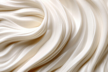 Obraz premium Top view of the texture of sweet pastry cream of milky white. Texture pattern of dessert cream or beige paint with swirls and strokes. Generative AI photo imitation.