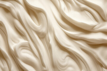 Fototapeta na wymiar Top view of the texture of tasty pastry cream of milky white color. Texture pattern of dessert cream or beige paint with swirls and strokes. Generative AI photo imitation.