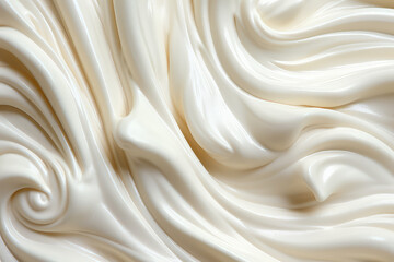 Obraz premium Overhead of the texture of the pastry cream of milky white. Texture pattern of dessert cream or beige paint with swirls and strokes. Generative AI photo imitation.