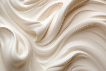 Above of the texture of the pastry cream of milky white. Texture pattern of dessert cream or beige paint with swirls and strokes. Generative AI photo imitation.