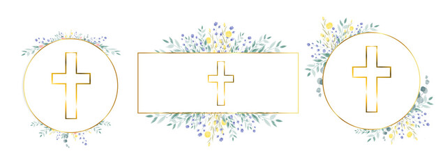 Watercolour hand drawn Floral Cross Clipart, golden frames illustration, Baptism Crosses golden cross, Holy Spirit golden frames set, wedding banner, Easter border, png isolated on transparent 
