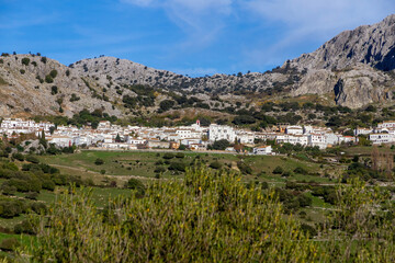 Fototapeta na wymiar White village of Benaocaz in the Sierra de Grazalema, surrounded by mountains, Cadiz, Andalusia, Spain