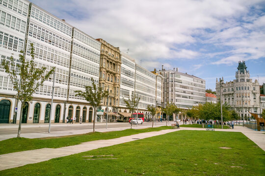 Detail of the City of La Coru&ntilde;a with its houses with glazed galleries facing the port