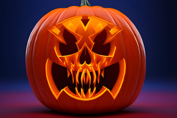 Fototapeta premium Big pumpkin with burning teeth on purple blue background. Halloween pumpkin holiday. Generative AI
