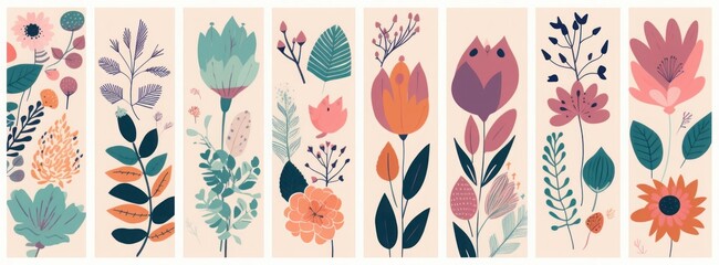  collection with flowers and leaves. Spring art print with botanical elements, Generative AI