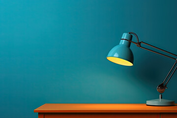 lighting retro desk lamp on old wood table with space of rough cement wall in vintage color tone Generative AI