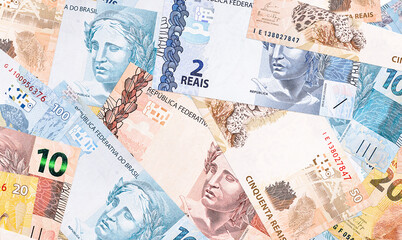 various brazil money banknotes, real banknotes in texture and background