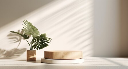 Empty wooden podium with monstera leaves on background, natural shadows design. Beauty product display. Organic Natural concept. Mock up, Spa. Generative ai