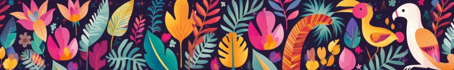 Fototapeta na wymiar Animals big collection. Animals of Brazil. colorful set of illustrations with tropical flowers, leaves, monkey, flamingo, and birds. Brazil tropical pattern. Rio de janeiro, Generative AI
