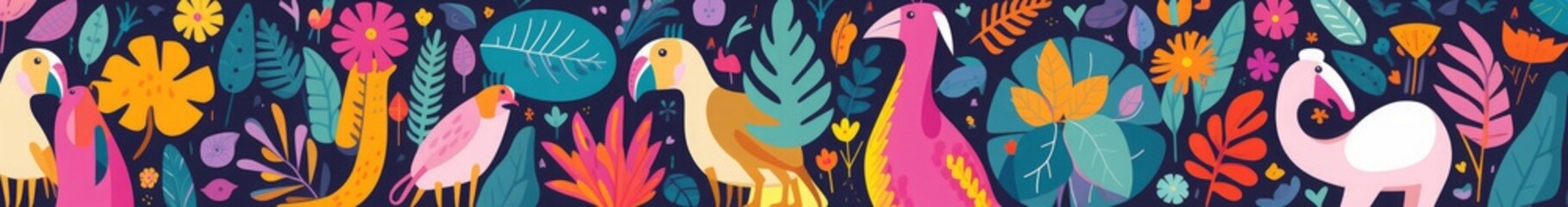 Animals big collection. Animals of Brazil.  colorful set of  illustrations with tropical flowers, leaves, monkey, flamingo, and birds. Brazil tropical pattern.  Rio de janeiro, Generative AI