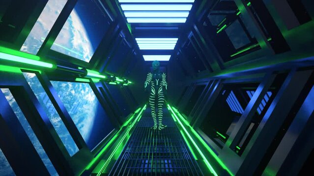 Space concept. An alien in a neon shiny suit is walking through the tunnel in a spaceship. View on the planet Earth.