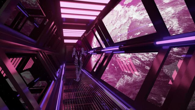 Space concept. An alien in a neon shiny suit is walking through the tunnel in a spaceship. View on the planet Earth.