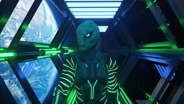 An alien walking on a spaceship close-up. Earth orbit. Neon clothes. Space suit. Neon illumination. 3d animation.