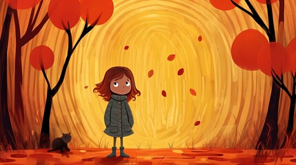 illustration cute girl walking in autumn woods, Generative Ai
