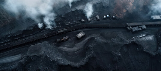 Aerial view of coal mine, natural resources mining industry, top drone view with some heavy machinery on black ground. Generative AI