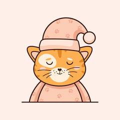 Cute sleepy red cat in pink pajama and night cap in cartoon style. Vector flat illustration