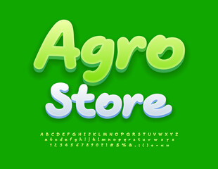 Vector advertising Poster Agro Store. Green handwritten Font. Modern 3D Alphabet Letters and Numbers set