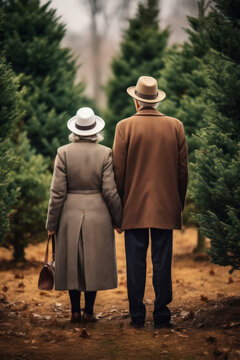 An old couple walking in the park. Generative AI