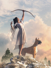 The Goddess Diana, or Artemis, the goddess of the hunt, looses an arrow from her bow up into the heavens.  At her feet, her hunting dog stands guard.  In Greek and Roman mythology. 3D rendering