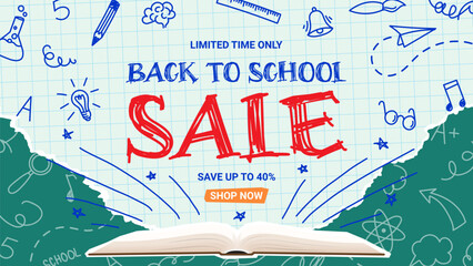 Seasonal background for Back to school sale. Vector collage with cut out book with torn paper, doodle elements. Retro banner concept for Back to school sale. Discount offer.
