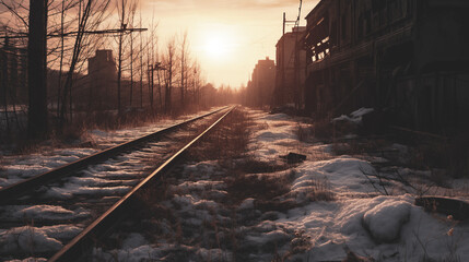Naklejka premium The railway stretches along abandoned and destroyed houses. It's snowing. Sunset. Generative Ai
