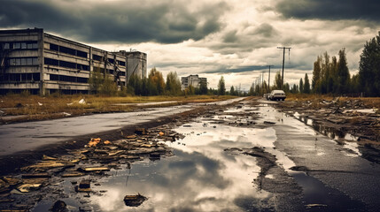 A broken road with puddles and garbage. Nearby industrial abandoned buildings. Cloudy weather. Generative Ai
