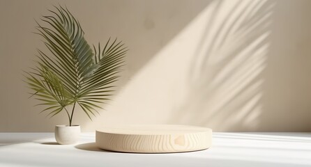 Empty wooden podium with monstera leaves on background, natural shadows design. Beauty product display. Organic Natural concept. Mock up, Spa. Generative ai