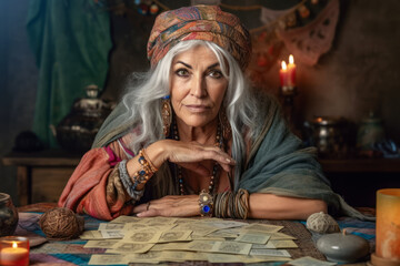 Gypsy woman fortune teller working with tarot cards, predicting future, looking directly into camera, esoteric mysticism decorations in background. Generative AI - obrazy, fototapety, plakaty
