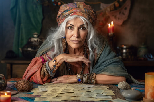 Gypsy woman fortune teller working with tarot cards, predicting future, looking directly into camera, esoteric mysticism decorations in background. Generative AI