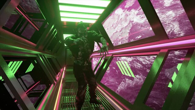 Realistic Zombie walks through the neon corridor of the spaceship. Planet Earth in the background. 3d animation.