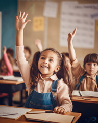 Small girl kid in school classroom raising hand up to answer teacher. Generative AI - obrazy, fototapety, plakaty
