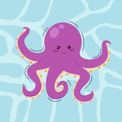 cute purple octopus is swimming in a sea or ocean - vector illustration in a cartoon style