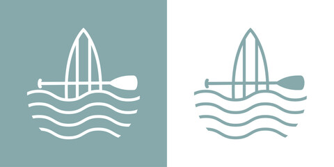 Logo club de paddle surf. Silueta lineal de tabla de paddle surf con remo cruzado y olas de mar - obrazy, fototapety, plakaty