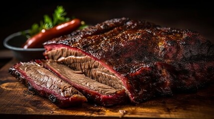 Fototapeta A large steaming fragrant piece of baked beef brisket on the ribs with a dark crust. Classic Texas barbecue Generative AI obraz