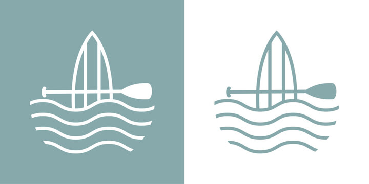 Logo club de paddle surf. Silueta lineal de tabla de paddle surf con remo cruzado y olas de mar