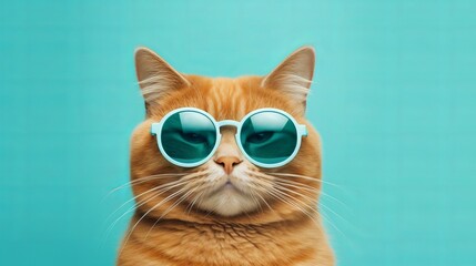 Closeup portrait of funny ginger cat wearing sunglasses isolated on light cyan. Copyspace Generative AI