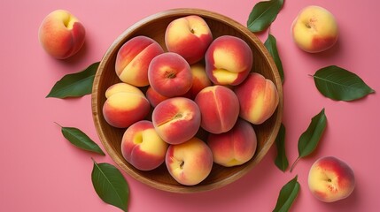 Flat lay composition with ripe peaches on color background Generative AI