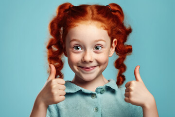 Smiling small ginger red curly hair girl with freckles. Showing thumbs up approving gesture. She looks cute and innocent, but is probably little rascal. Generative AI