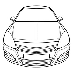 Outline drawing of a classic sedan car wide angle side and front view. Vector doodle illustration, design for coloring book or print	
