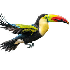 a Keeled Billed Toucan in flight, in various positions, rainforest color, Wildlife-themed, photorealistic illustrations in a PNG, cutout, and isolated. Generative AI