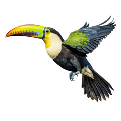  a Keeled Billed Toucan in flight, in various positions, rainforest color, Wildlife-themed, photorealistic illustrations in a PNG, cutout, and isolated. Generative AI