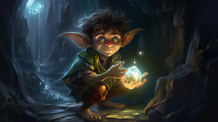 Goblin in a dark cave with a gem in his hands. Gremlin miner minion of the dwarves. Created in AI.
