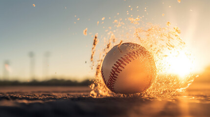 baseball hit on the field with sunset background