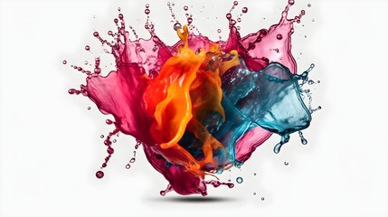 Abstract liquid color explosion colorful artistic yellow blue purple red orange splashing splatter in the air white background. Generative AI technology.