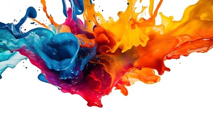 Abstract liquid color explosion colorful artistic yellow blue purple red orange splashing splatter in the air white background. Generative AI technology.