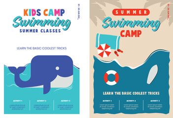 Kids summer swimming camp poster design, summer swimming classes for kids design template