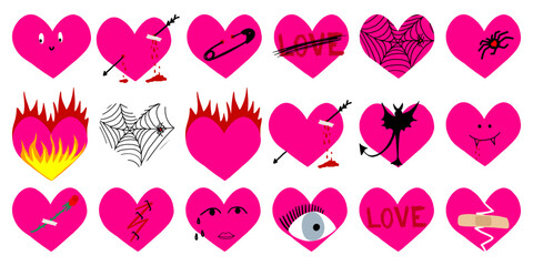 Different Hearts in Retro Y2K style. Isolated Love Icons Set. Hand Drawing Punk, Goth, Rock or Emo Elements Collection. Vintage Sketch Drawn Heart. Vector Illustration 